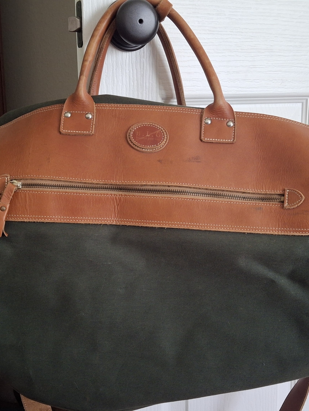 Leather-Trim Green Canvas Weekender Bag